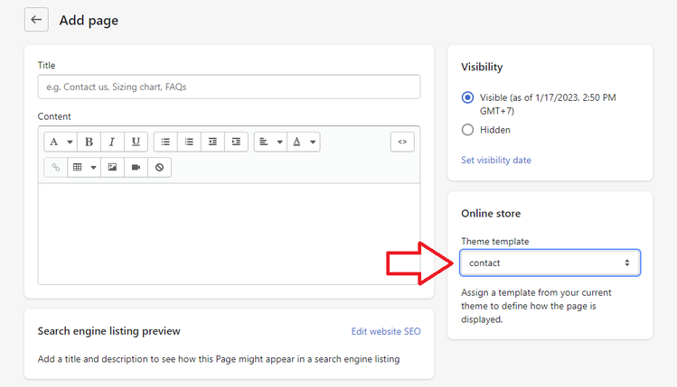 From the “Add page” window, you can enter page title, edit website SEO, and select its visibility.
