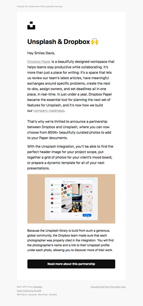 An announcement email from Unsplash and Dropbox