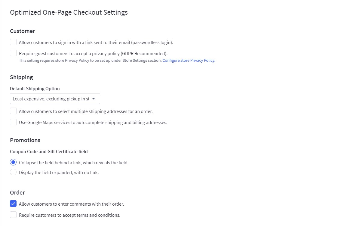 Optimized One-Page Checkout settings