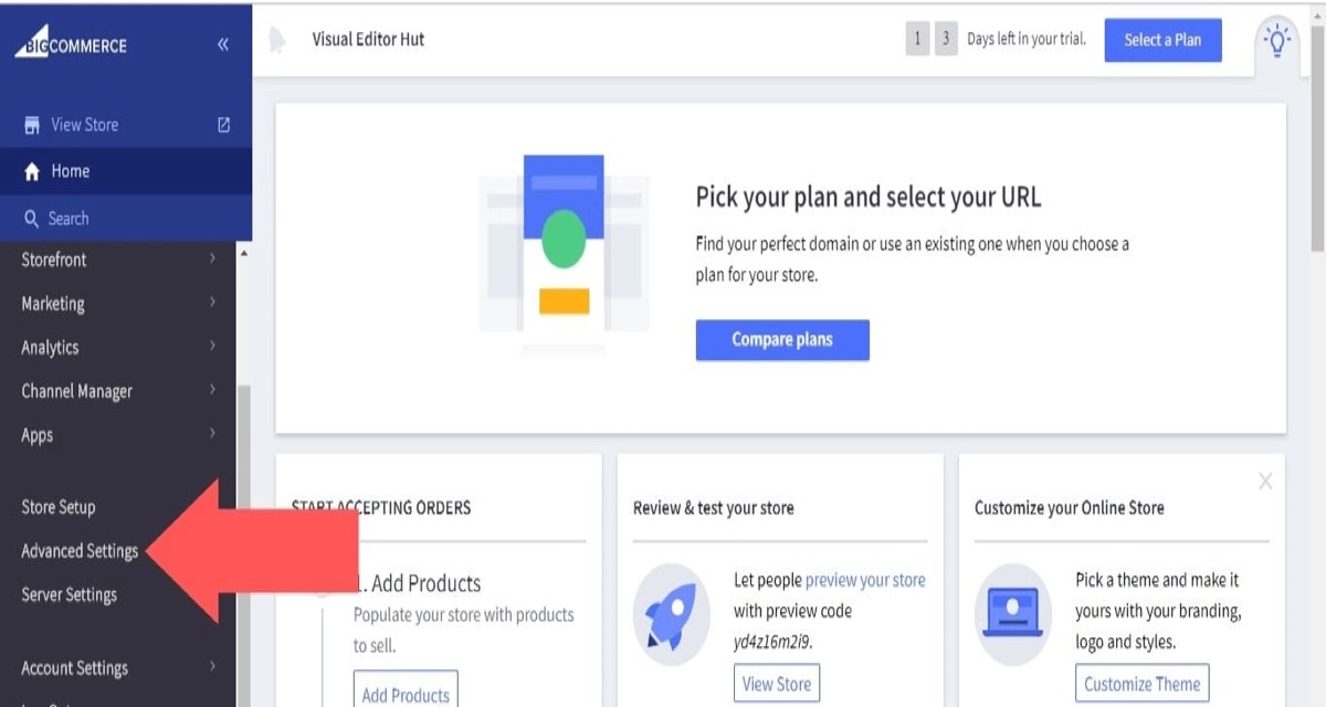 Pick Advanced Settings after logging into your BigCommerce store. 