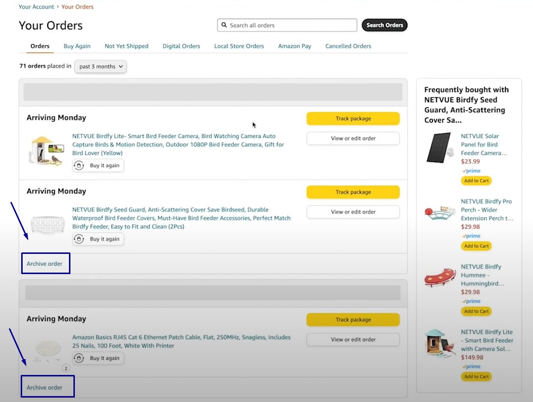 Locate the order or item you want to archive and click Archive order