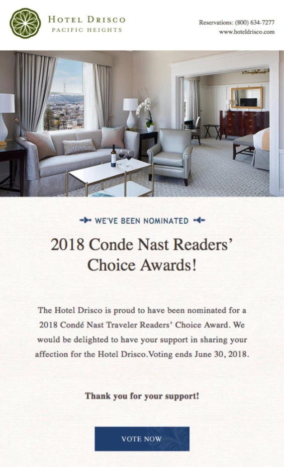 Hotel award nominations with Hotel Drisco