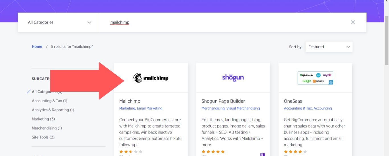In a new tab, the BigCommerce marketplace will be launched. Tap on the Mailchimp app after searching for it.