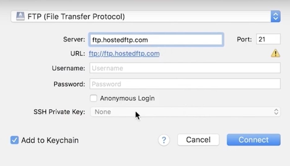 Basic FTP users can click connect right away for unsecured transferring