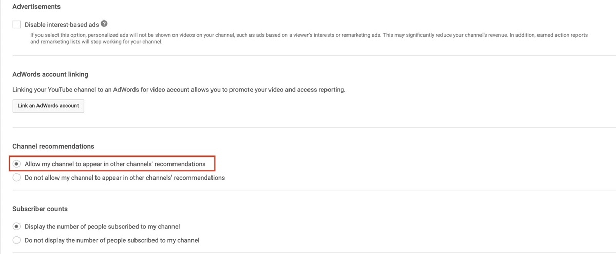 Allow my channel to appear in other channels’ recommendations