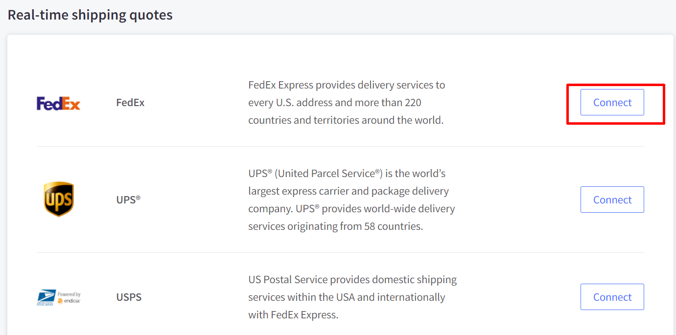 Scroll down to Real time shipping quotes and click Connect