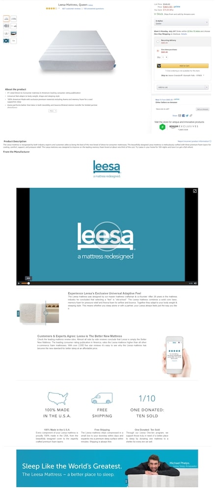 Leesa’s comprehensive online experience on Amazon