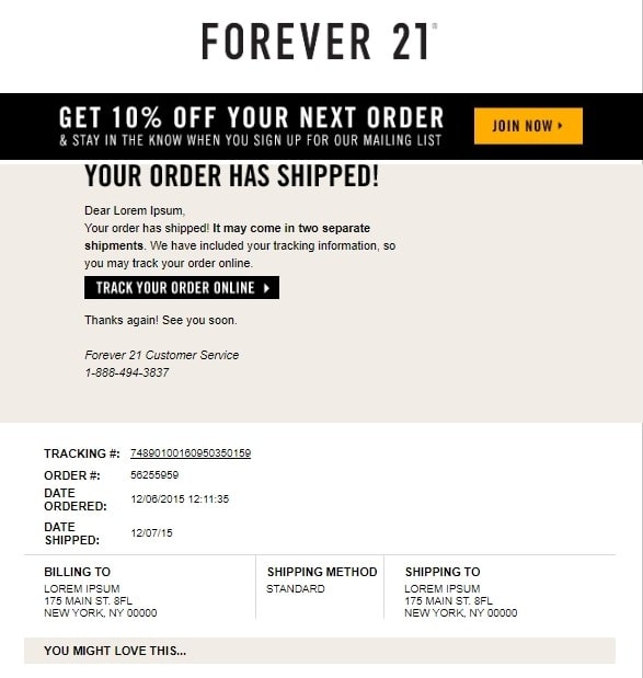 Order confirmation email from Forever 21
