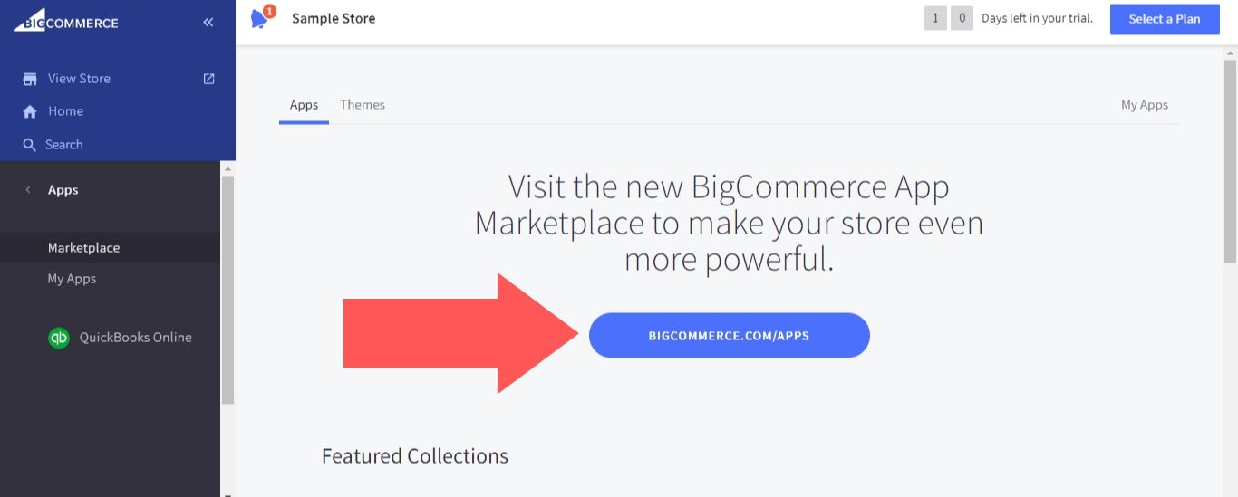 Log in to your BigCommerce store using your login credentials, then go to Apps and press the bigcommerce.com/apps