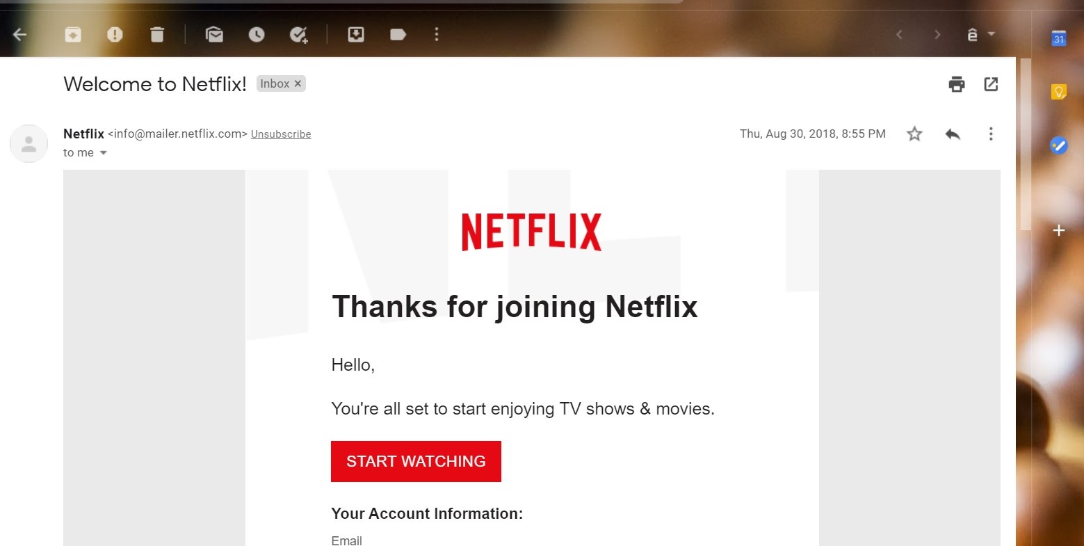 Subcription confirmation from Netflix
