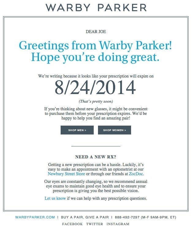 Warby Parker' reminder email campaign