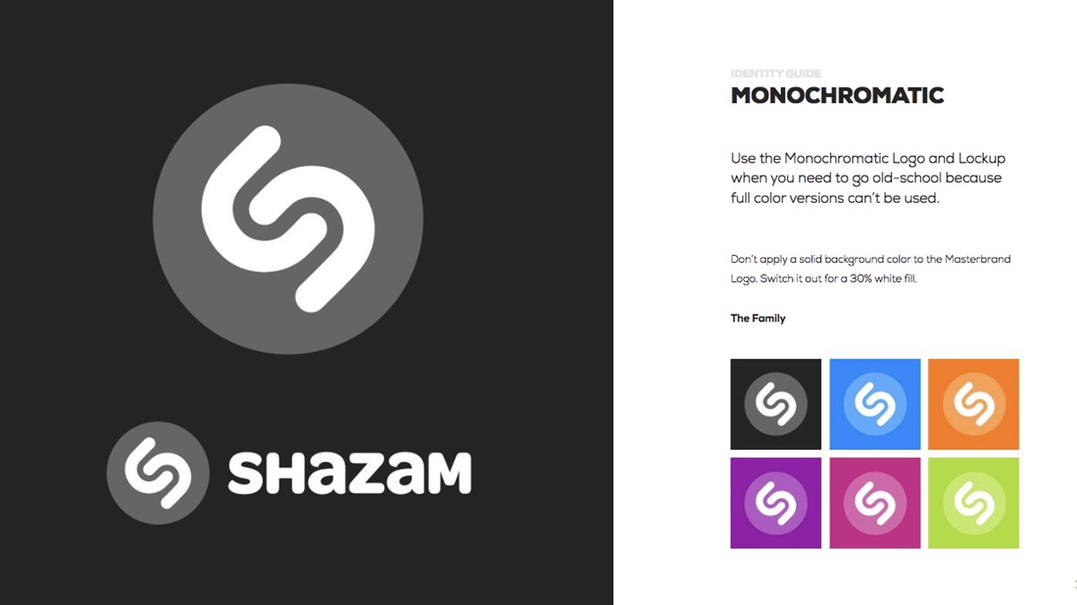 Shazam incorporates humor in its identity guide to keep things fun and interesting