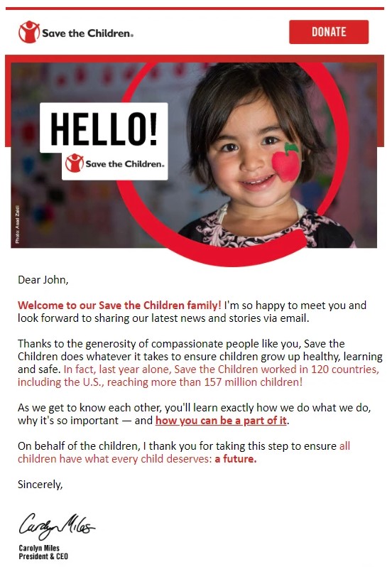 A welcome email from Save the Children