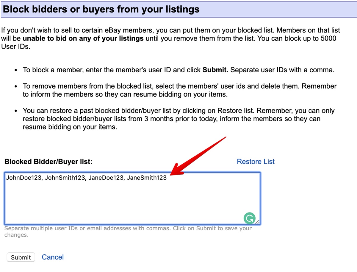 Enter the username of buyer you want to block button