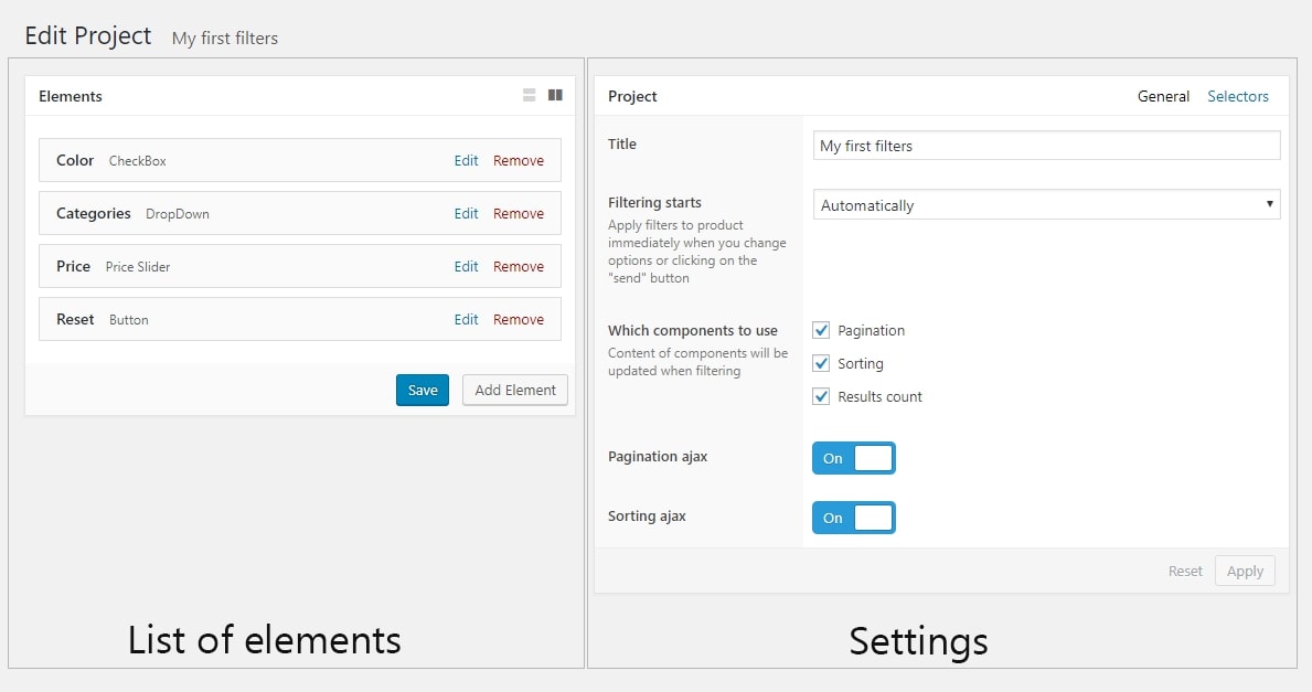 The two panels of WooCommerce product filters