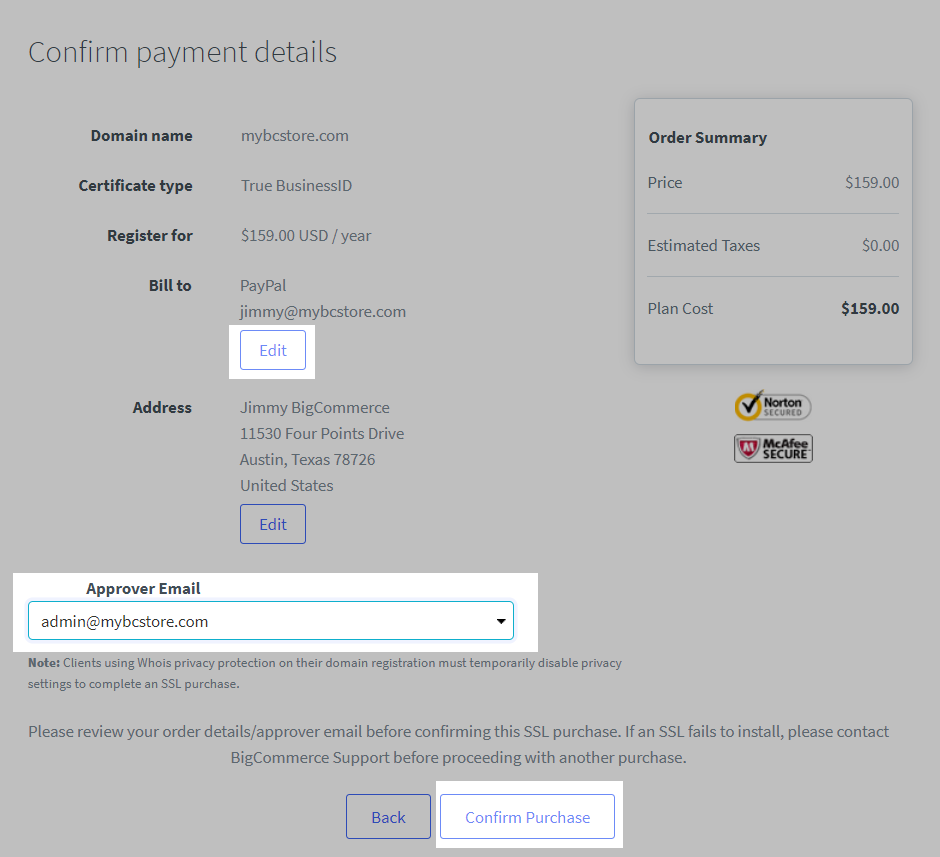 Confirm payment details