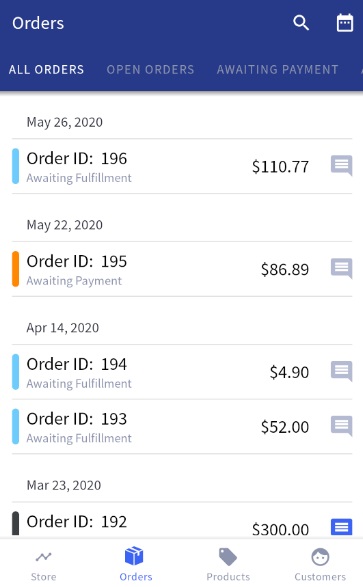 On Android, an example of the Orders screen