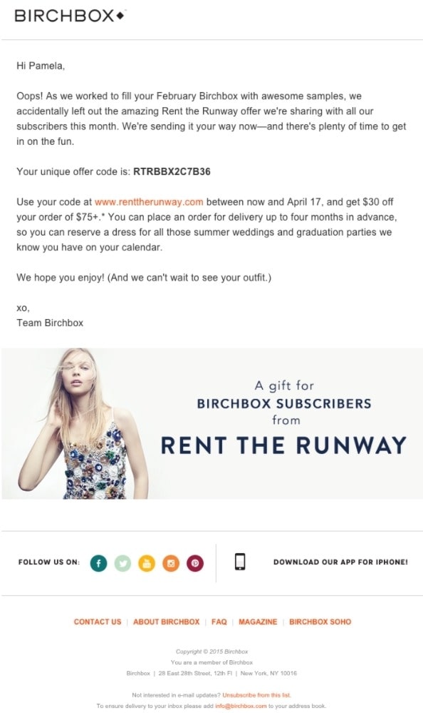 BirchBox's partnership promotion email