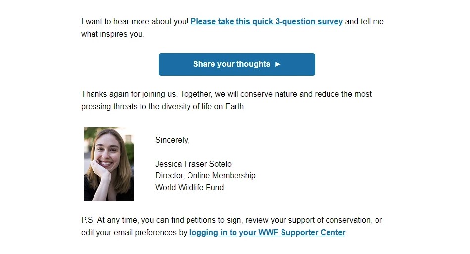 A question and survey email from WWF