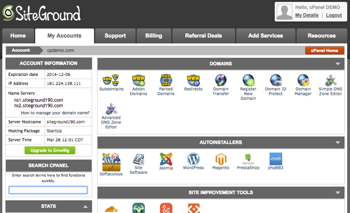 cPanel demo in SiteGround