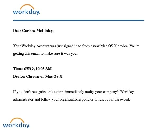 Security check email from Workday
