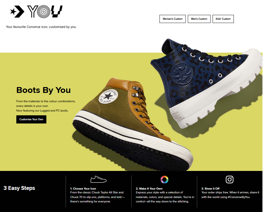 Converse has on their landing page an option to design your shoes and share the results online.