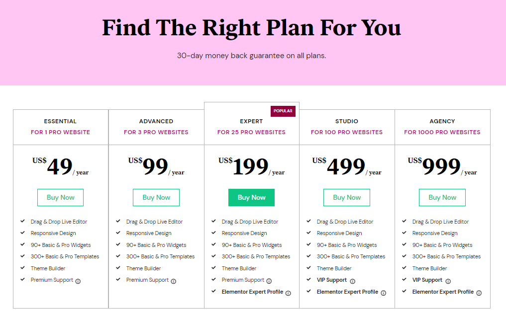 Elementor Pro's pricing plans
