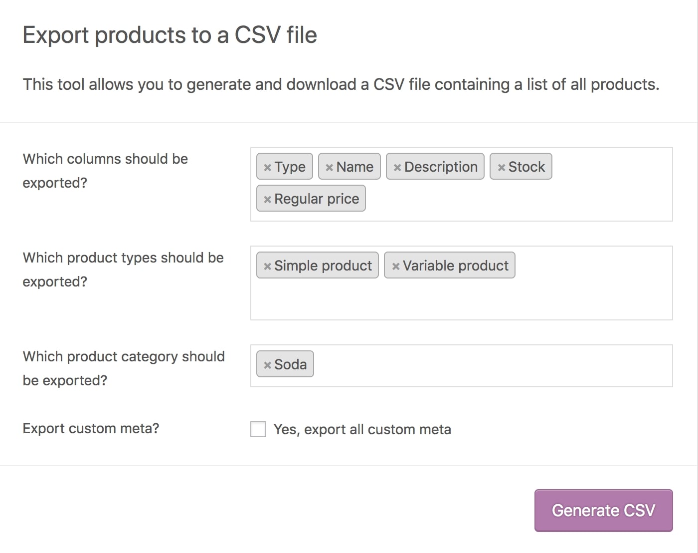 WooCommerce export products categories