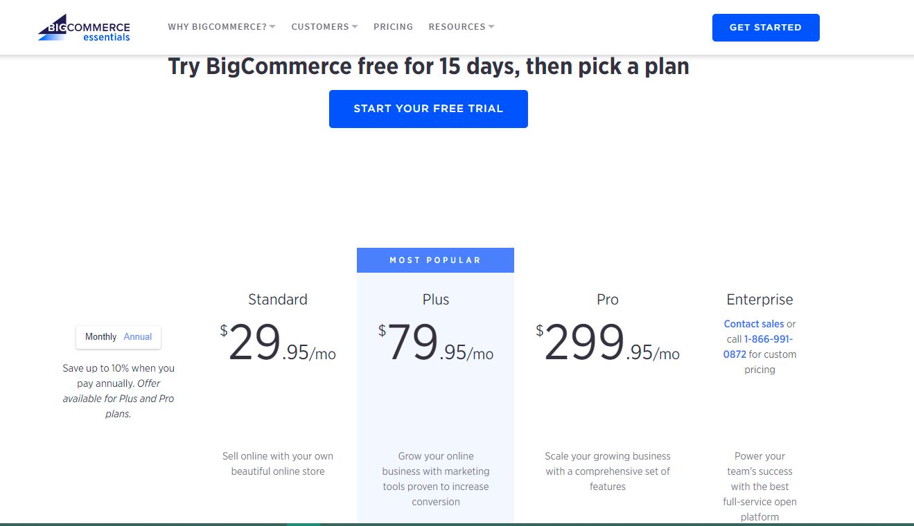 Three main pricing plans on BigCommerce