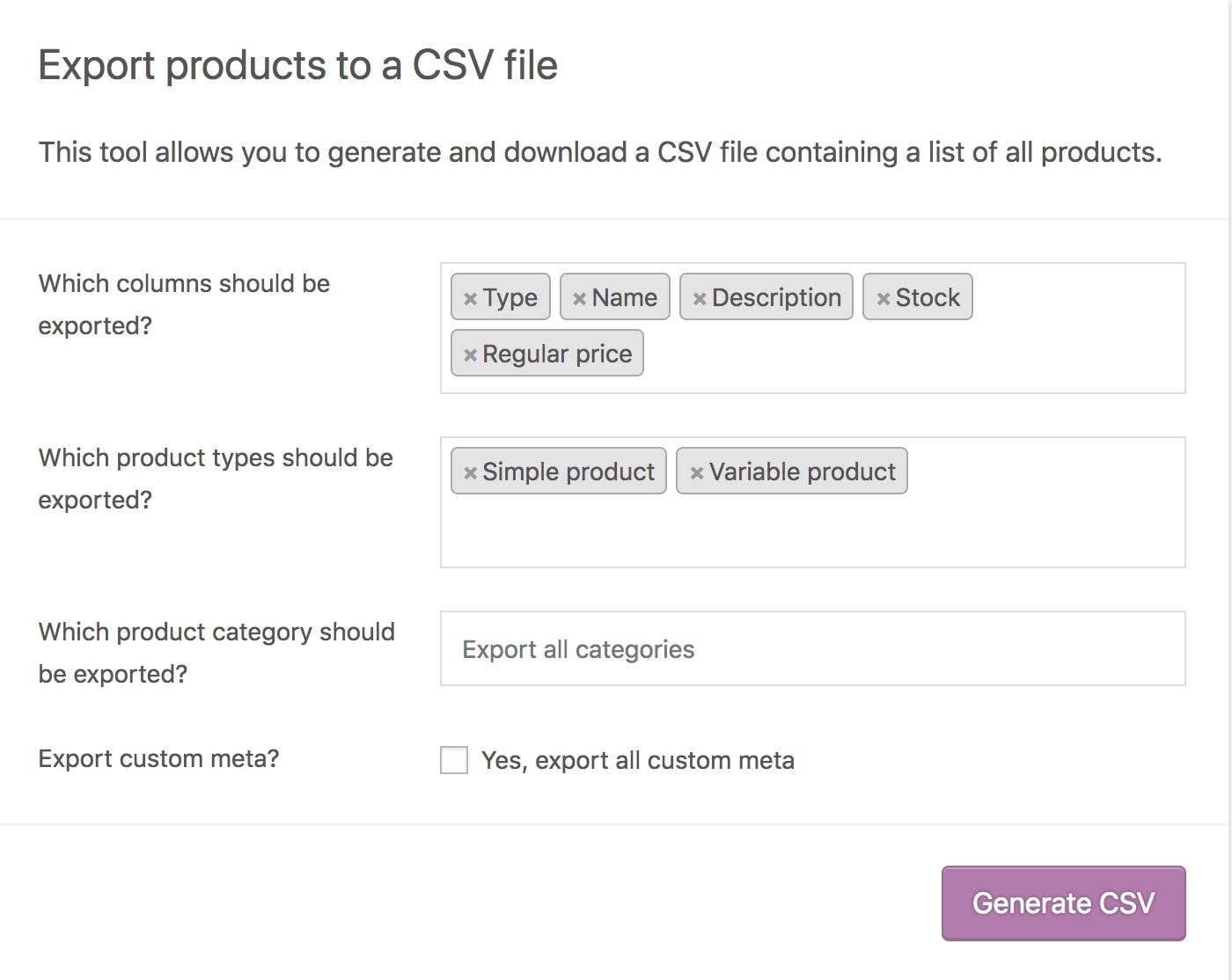 WooCommerce export products types