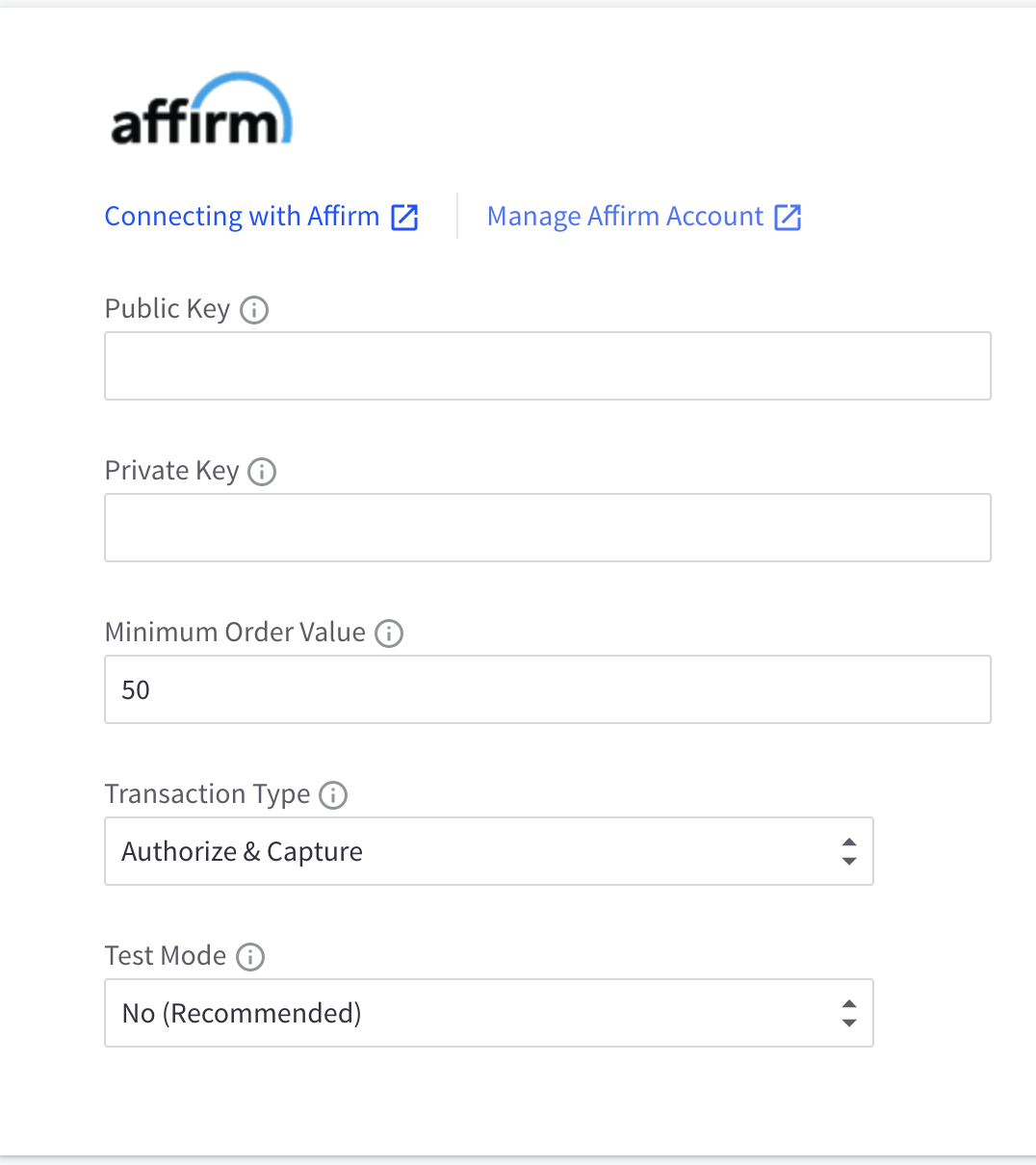 Enter needed information from the tab of Affirm Settings