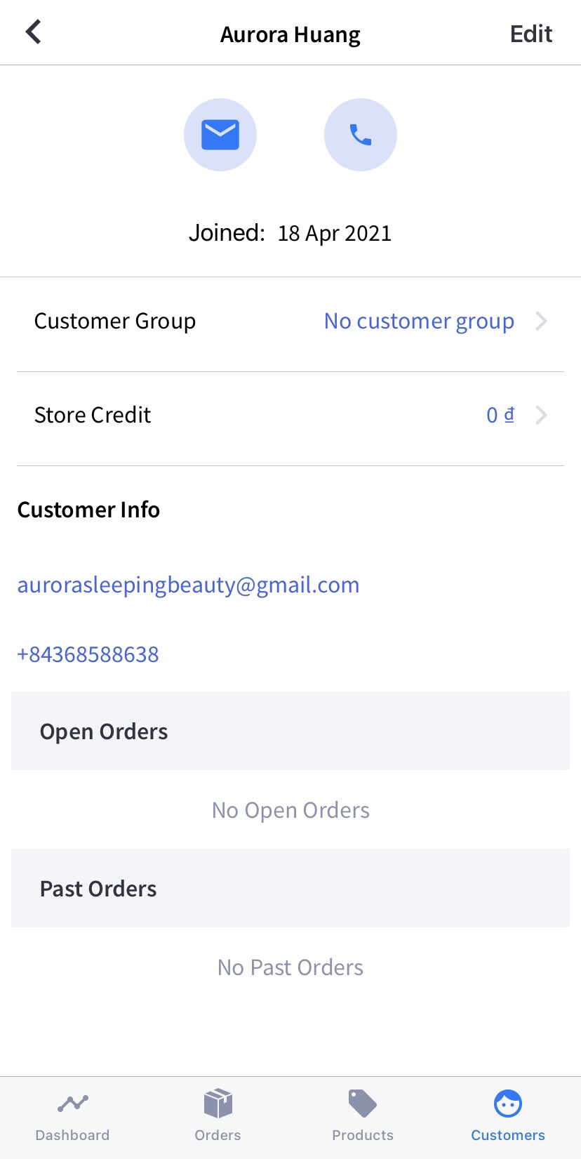 Tapping on an order will bring up the order information.