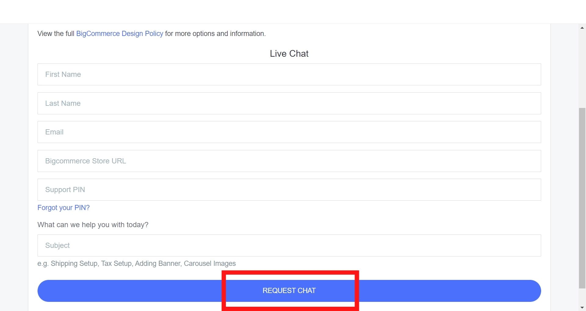 Contacting BigCommerce through live chat