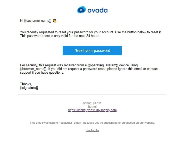 Password reset email template