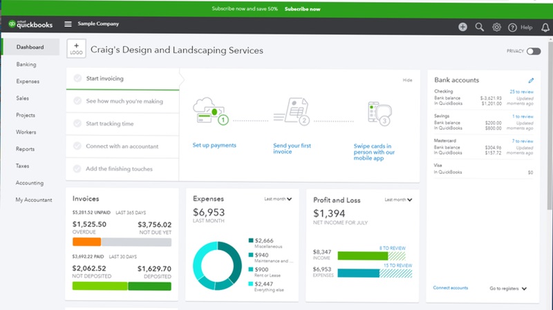 QuickBooks Online’s dashboard feature provides a great overall summary of your business.