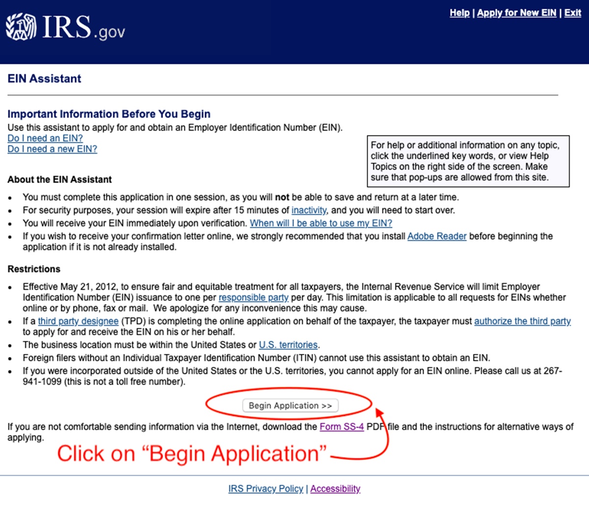 Example of applying for EIN on the IRS website