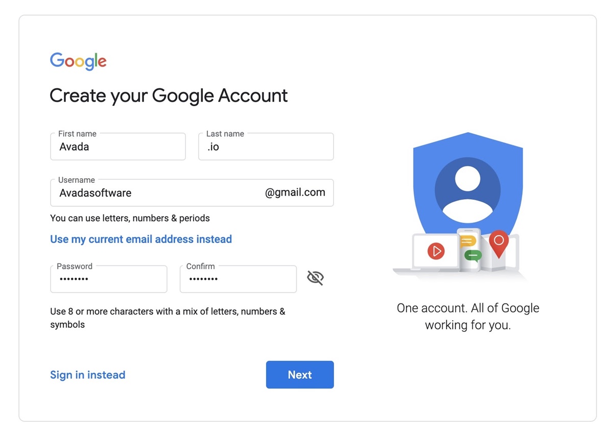 Google account creation page