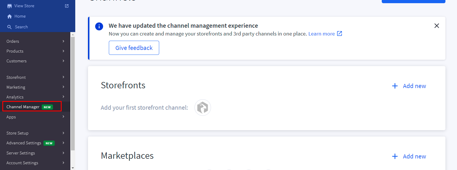 On your BigCommerce dashboard, please select Channel Manager.