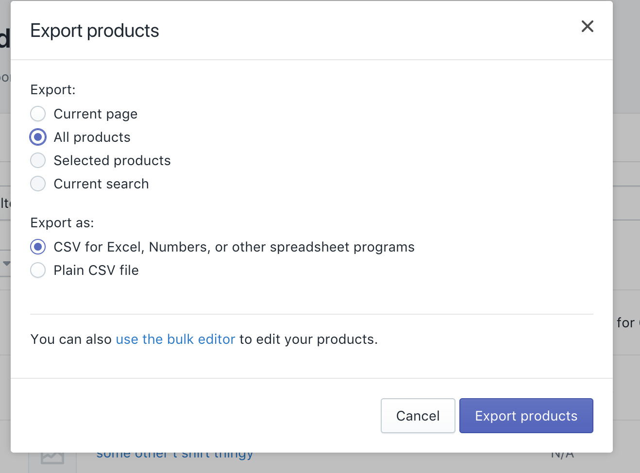 Export the products as a CSV