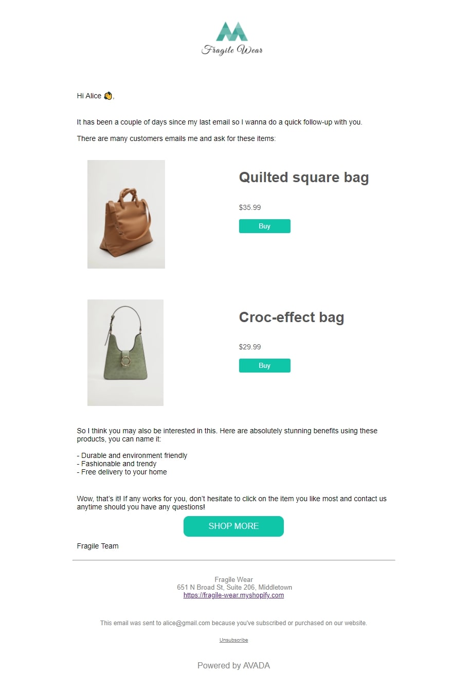 The product promotion email