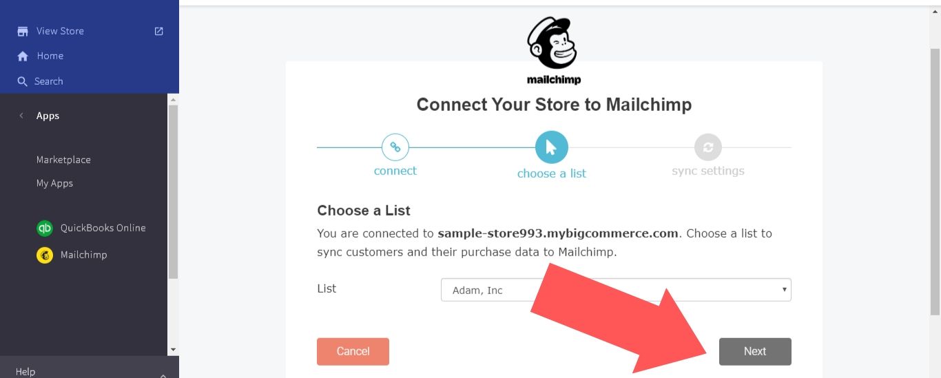 Pick a list from which to sync customers and purchase data with Mailchimp, then press Next.