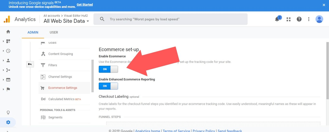 Turn on the “Enable Ecommerce” and “Enable Enhanced Ecommerce Reporting” options