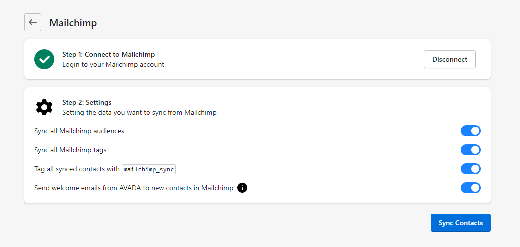 Sync Mailchimp contacts to AVADA