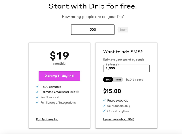 Drip paid plans start at $19/month