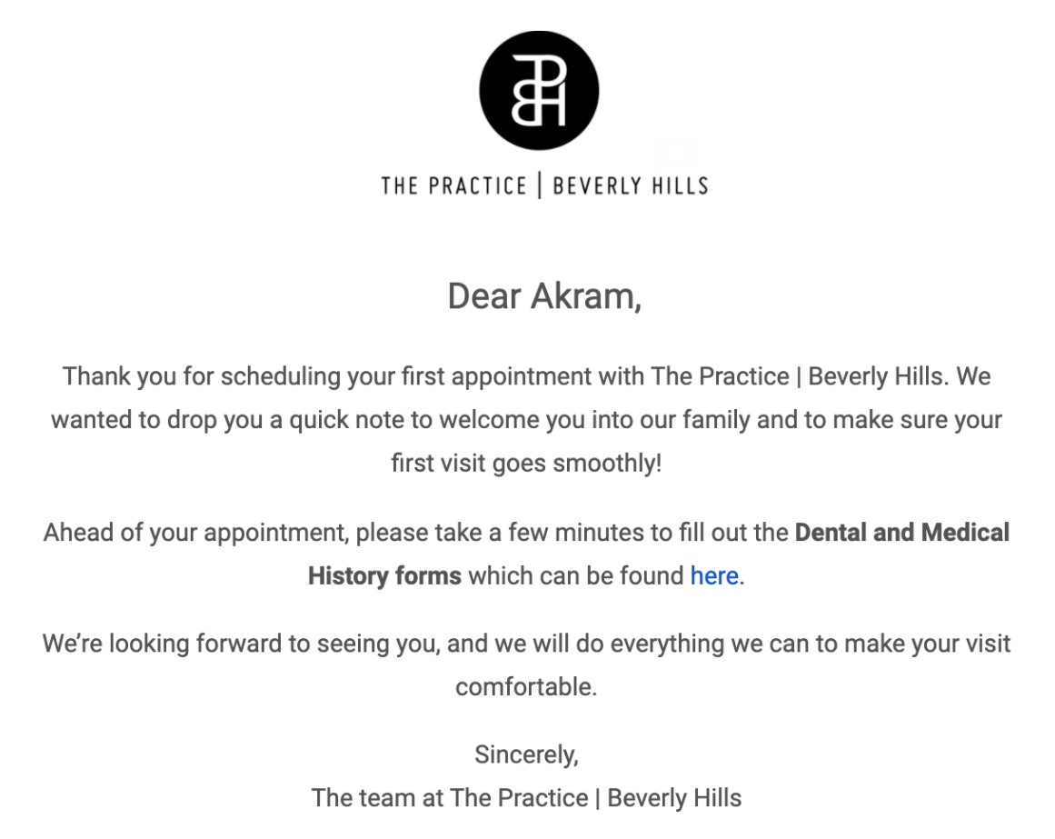 An appointment confirmation email from The Practice | Beverly Hills