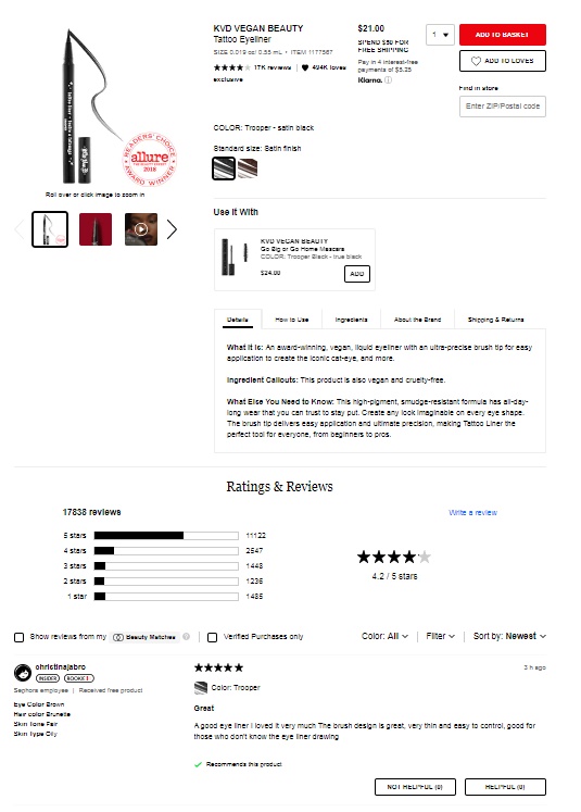Here is a product page example of Sephora’s online store.
