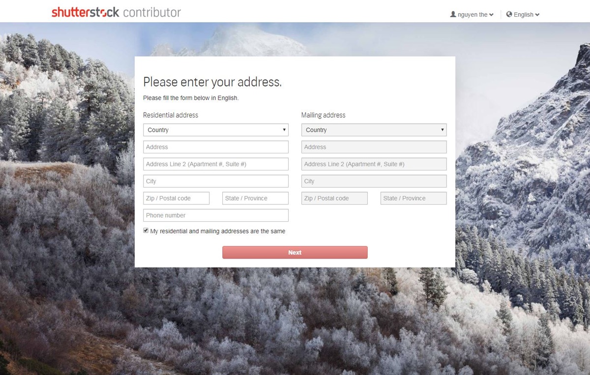 An example of registering an account at Shutterstock