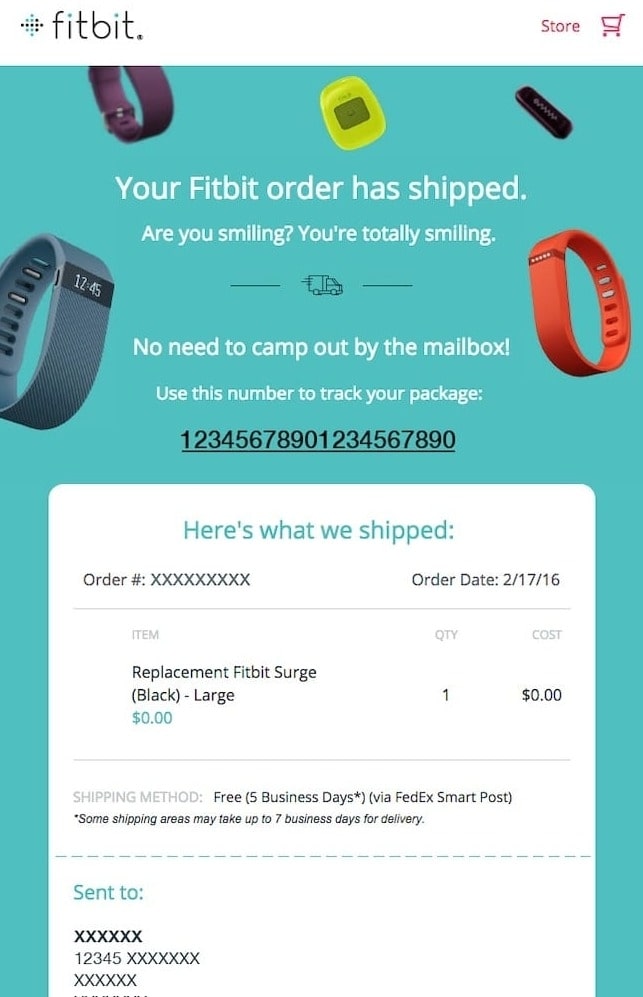 Shipping confirmation email from Fitbit
