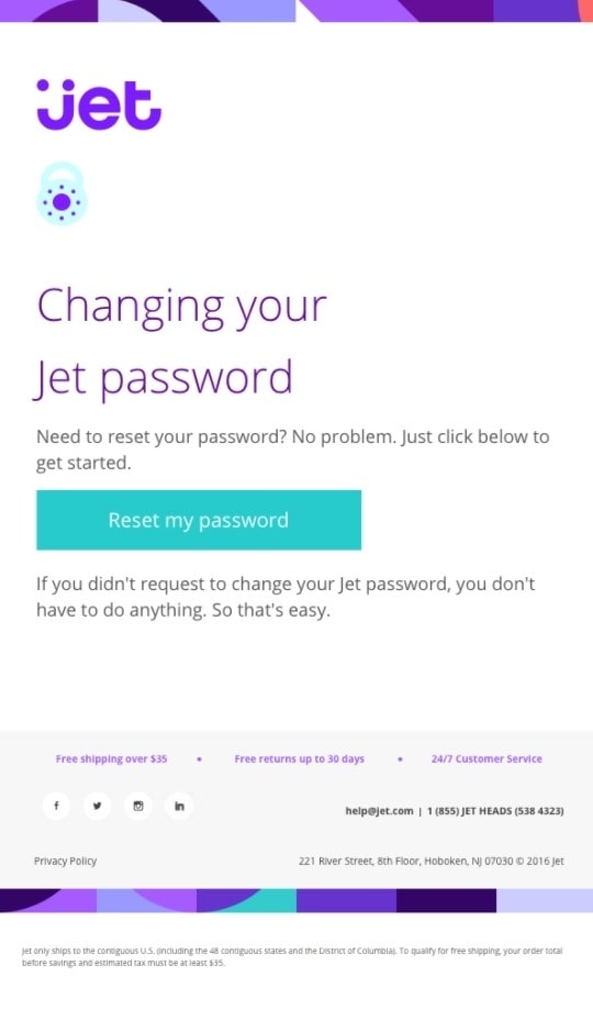 Password reset email from Jet