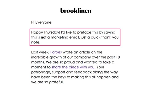 A thank you email from Brooklinen